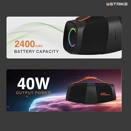 JUST CORSECA Sstrike 40W Wireless Bluetooth Speaker | Powerful Bass | BT 5.3 | LED Light Sync | Built-in Mic | 2400mAh Battery | 15H Playtime | TWS Pairing | Portable Handle | FM/USB Support (Black)